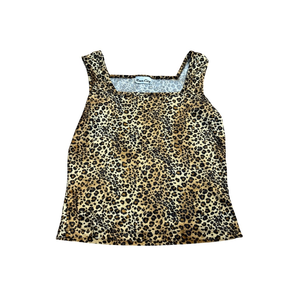 Rave City Tank Top Y2K Leopard Print Velvet Square Neck‎ Brown Small